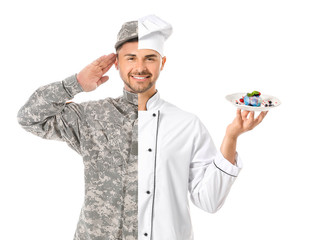 Comparison portrait of man in uniforms of different professions on white background