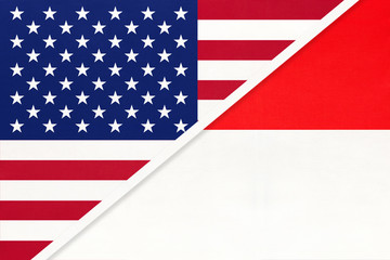USA and Indonesia national flag from textile. Relationship between two american and asian countries.