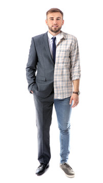 Comparison portrait of man in formal and casual clothes on white background
