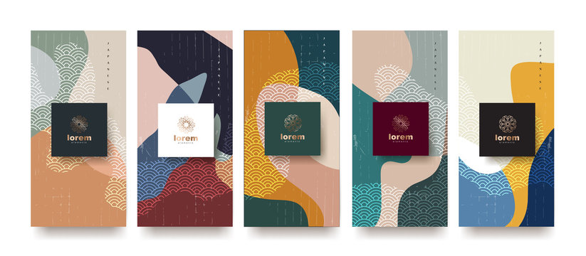 Landscape vector set packaging templates.Line pattern in Asian style with Japanese pattern.