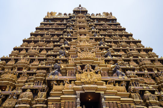 religious pagoda building in Nallur temple seen from below, low angle