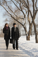 Business people walking on snowy road