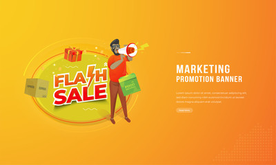 Flash sale promotion concept with illustration of the man holding the speaker