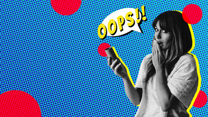 Woman out of toilet paper during COVID-19 pandemic panic buying in pop art aesthetic background banner