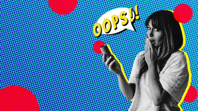 Woman out of toilet paper during COVID-19 pandemic panic buying in pop art aesthetic background banner