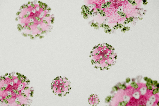 Pink and green novel coronavirus under the microscope on a white background psd mockup