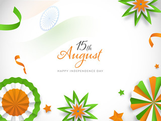 Fototapeta na wymiar 15th August Font with Indian Tricolor Paper Badge, Flowers and Stars Decorated on White Background for Happy Independence Day.