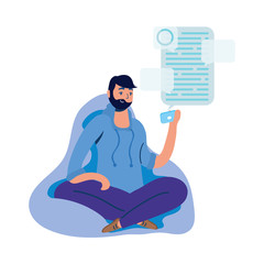 man using smartphone with social media technology in sofa