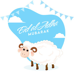Eid Al Adha Mubarak Font with Cartoon Sheep and Bunting Flags on Abstract Blue and White Background.