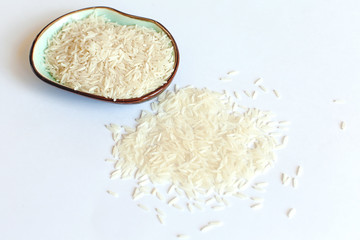 Rice in a bowl on a white background.