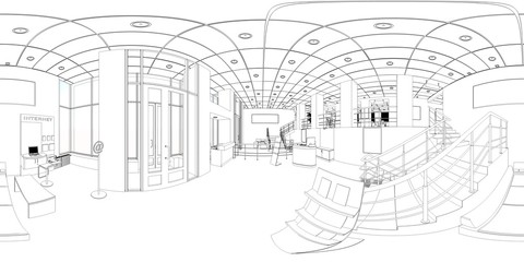 spherical panorama of the interior, contour visualization, 3D illustration, sketch, outline
