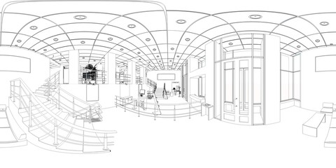 spherical panorama of the interior, contour visualization, 3D illustration, sketch, outline
