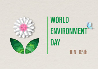 White flower with the day and name of event on recycle paper color tone and pattern background. World Environment Day's concept and poster campaign in 3d paper cut style and vector design.