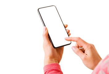 Person using mobile phone and touching screen, isolated on white background