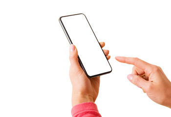 Person using smartphone with empty white screen, isolated on white