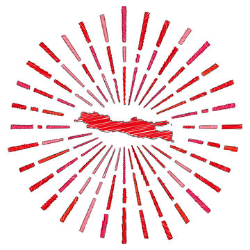 Java island map sketch with sunburst. Indonesian flag colors. Vector illustration.