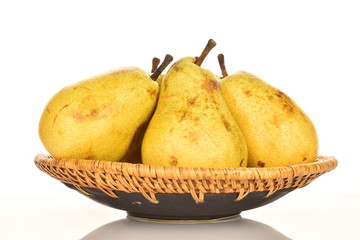 Juicy sweet, organic pears, close-up, on a white background.