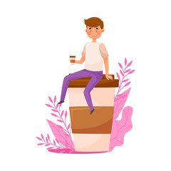 Young Man Character Sitting on Top of Huge Coffee Cup with Floral Backdrop Vector Illustration