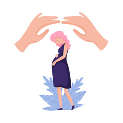 Young Pregnant Woman Walking and Hands Guarding Her Vector Illustration