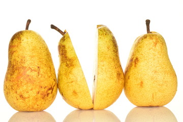 Juicy sweet, organic pears, close-up, on a white background.