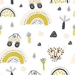 Kinderachtig naadloos patroon met auto& 39 s, regenbogen en grappig dier. Creatieve kinderachtige textuur voor stof, verpakking, textiel, behang, kleding. Vector illustratie.