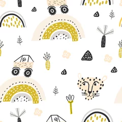 Keuken foto achterwand Regenboog Kinderachtig naadloos patroon met auto& 39 s, regenbogen en grappig dier. Creatieve kinderachtige textuur voor stof, verpakking, textiel, behang, kleding. Vector illustratie.