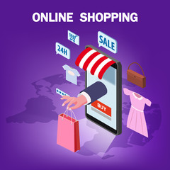 Online shopping hand serves a package with purchase from smartphone internet shop