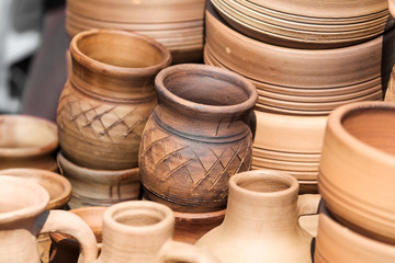 Clay dishes on a counter