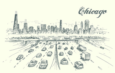 Chicago city busy traffic scene hand drawn. Vector illustration.

