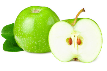 green apples with slices and green leaves isolated on white background