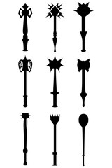 A set of nine different types of medieval maces. Illustration for various purposes of icons, brochures, banners, logos.