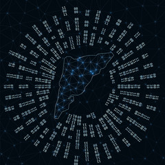 Salt Cay, Turks Islands digital map. Binary rays radiating around glowing island. Internet connections and data exchange design. Vector illustration.