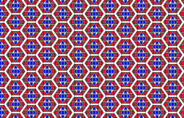 Blue and red crosses made of block shapes make a hexagonal repeating pattern on a white background