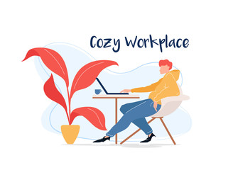 Cozy workplace flat color vector faceless character. Young freelancer working and drinking tea. Person with laptop isolated cartoon illustration for web graphic design and animation