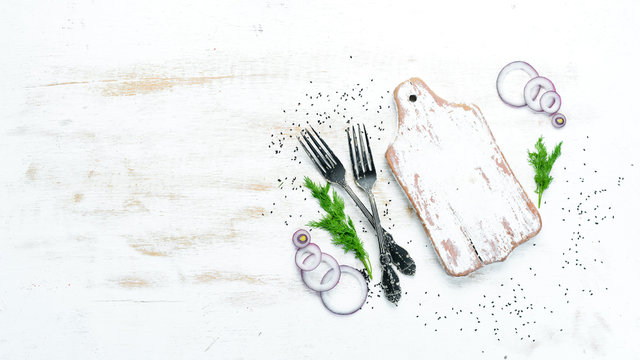 White wooden banner of cooking. Top view, free space for your text. Rustic style.