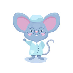 Cute doctor mouse in glasses vector character on white background. Kids doctor mascot isolated