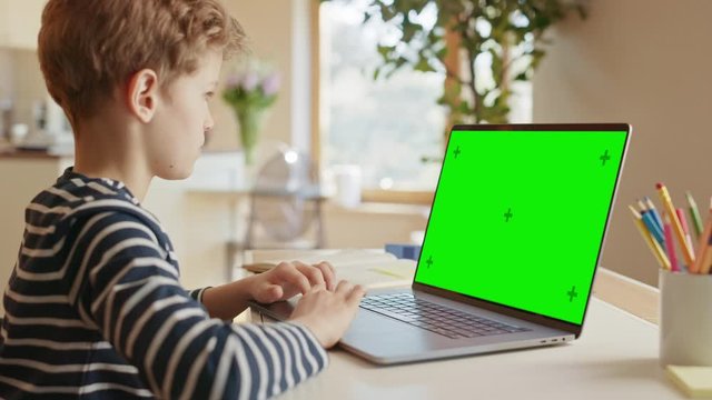 Smart Little Boy Uses Green Screen Chroma Key Laptop for Learning and Video Gaming. Boy Searching for Interesting Information. e-Education, e-Learning, Homeschooling Concept. Over Shoulder