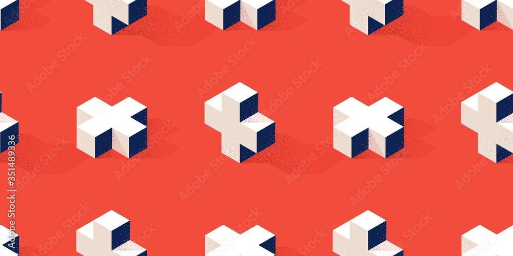 Poster Seamless pattern with cross or plus shape on green background in modern dotted texture style