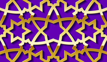 Arabic seamless golden pattern with classic islamic culture ornament. Purple background with shadow.