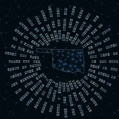 Oklahoma digital map. Binary rays radiating around glowing US state. Internet connections and data exchange design. Vector illustration.