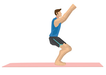 Illustration of a strong man practicing yoga with a chair pose.