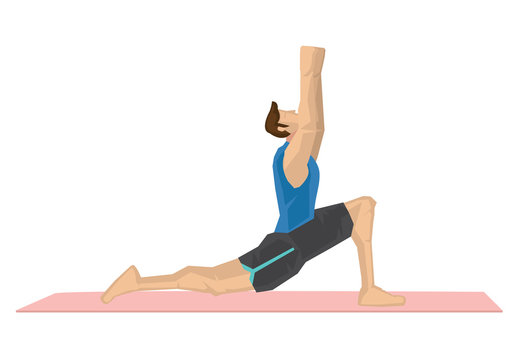 Illustration of a strong man practicing yoga with a cresent moon pose.