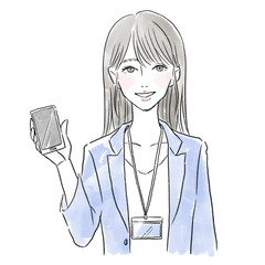 スマートフォンを持って微笑むスーツの女性