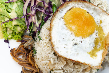 Food photography with white background, Top angle, closeup. variety of food, Asian, western. Burger, salmon, fried rice, bacon, lamb, beef