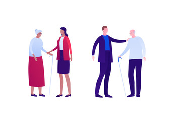 Family relationship concept. Vector flat person illustration. Female and male support their senior parent. Adult people with old parent isolated on white. Design element for banner, infographic, web.