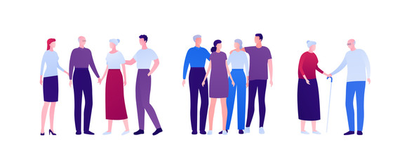 Big family relationship and support concept. Vector flat person illustration. Group of men and women embrace and holding hand. Adult and senior people. Design element for banner, infographic, web.