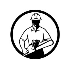 Arborist or Tree Surgeon Holding Chainsaw Circle Retro Black and White