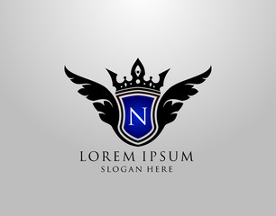 N Letter Logo. Classy Wings N Shield Design for Royalty, Restaurant, Automotive, Letter Stamp, Boutique,  Hotel, Heraldic, Jewelry, Wedding.