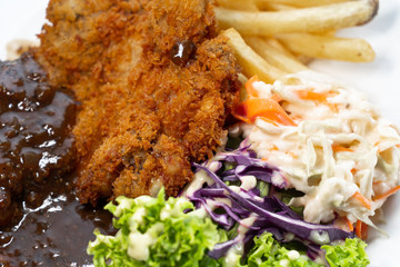 Food photography with white background, Top angle, closeup. variety of food, Asian, western. Burger, salmon, fried rice, bacon, lamb, beef