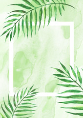 Watercolor frame of green abstract strokes, splashes, blots of paint. Watercolor stroke, background, green  paint.  With a place for an inscription and your design. Abstract paint splash.Tropics, palm